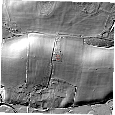 Shaded relief map of the ground around RH138LR, computed from Environment Agency LiDAR. The ground here sits at about 23 m above sea level and falls 23 m across the surrounding 800 m. Surface water reaching this point runs off ground lying to the north-north-west, 1.5 m higher.