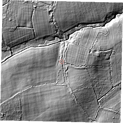 Shaded relief map of the ground around RH138PX, computed from Environment Agency LiDAR. The ground here sits at about 16 m above sea level and falls 7 m across the surrounding 800 m. Surface water reaching this point runs off ground lying to the south, 2.9 m higher.