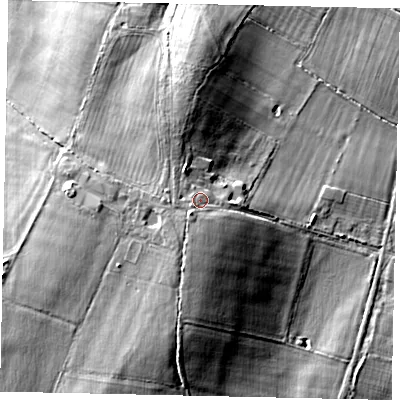 Shaded relief map of the ground around RH138QH, computed from Environment Agency LiDAR. The ground here sits at about 27 m above sea level and falls 13 m across the surrounding 800 m. Surface water reaching this point runs off ground lying to the south-south-west, 2.9 m higher.