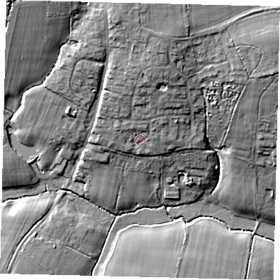 Shaded relief map of the ground around RH138RU, computed from Environment Agency LiDAR. The ground here sits at about 21 m above sea level and falls 22 m across the surrounding 800 m. Surface water reaching this point runs off ground lying to the north-north-east, 8.2 m higher.