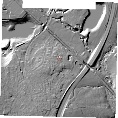 Shaded relief map of the ground around RH139LJ, computed from Environment Agency LiDAR. The ground here sits at about 40 m above sea level and falls 25 m across the surrounding 800 m. Surface water reaching this point runs off ground lying to the south-west, 6.4 m higher.