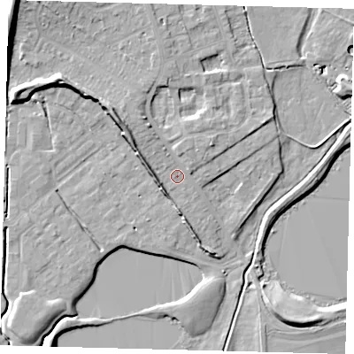 Shaded relief map of the ground around RH13HG, computed from Environment Agency LiDAR. The ground here sits at about 82 m above sea level and falls 15 m across the surrounding 800 m. Surface water reaching this point runs off ground lying to the north-west, 3.5 m higher.