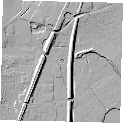 Shaded relief map of the ground around RH13LB, computed from Environment Agency LiDAR. The ground here sits at about 81 m above sea level and falls 16 m across the surrounding 800 m. Surface water reaching this point runs off ground lying to the north, 12.1 m higher.