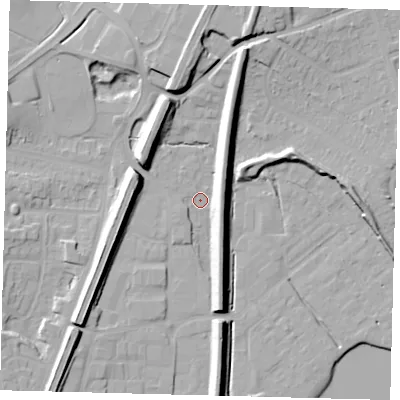 Shaded relief map of the ground around RH13LD, computed from Environment Agency LiDAR. The ground here sits at about 81 m above sea level and falls 16 m across the surrounding 800 m. Surface water reaching this point runs off ground lying to the north-north-east, 12.8 m higher.
