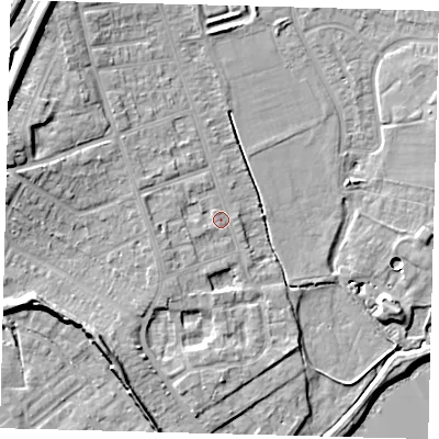 Shaded relief map of the ground around RH13LL, computed from Environment Agency LiDAR. The ground here sits at about 83 m above sea level and falls 16 m across the surrounding 800 m. Surface water reaching this point runs off ground lying to the north-west, 3.4 m higher.