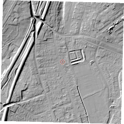 Shaded relief map of the ground around RH13LP, computed from Environment Agency LiDAR. The ground here sits at about 85 m above sea level and falls 20 m across the surrounding 800 m. Surface water reaching this point runs off ground lying to the north-north-west, 10.0 m higher.
