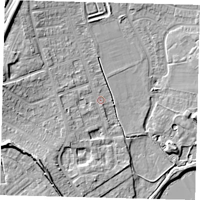 Shaded relief map of the ground around RH13LW, computed from Environment Agency LiDAR. The ground here sits at about 83 m above sea level and falls 16 m across the surrounding 800 m. Surface water reaching this point runs off ground lying to the west-north-west, 3.2 m higher.