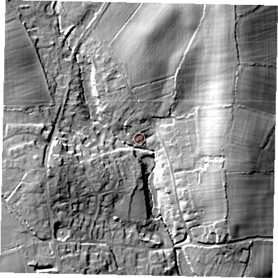 Shaded relief map of the ground around RH140DN, computed from Environment Agency LiDAR. The ground here sits at about 23 m above sea level and falls 19 m across the surrounding 800 m. Surface water reaching this point runs off ground lying to the north-east, 17.0 m higher.