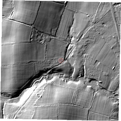 Shaded relief map of the ground around RH140EG, computed from Environment Agency LiDAR. The ground here sits at about 17 m above sea level and falls 21 m across the surrounding 800 m. Surface water reaching this point runs off ground lying to the north-west, 3.9 m higher.