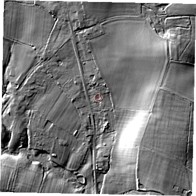 Shaded relief map of the ground around RH140EJ, computed from Environment Agency LiDAR. The ground here sits at about 22 m above sea level and falls 21 m across the surrounding 800 m. Surface water reaching this point runs off ground lying to the north-north-east, 3.4 m higher.