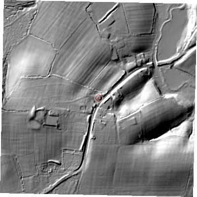 Shaded relief map of the ground around RH140EP, computed from Environment Agency LiDAR. The ground here sits at about 26 m above sea level and falls 26 m across the surrounding 800 m. Surface water reaching this point runs off ground lying to the south-south-west, 9.0 m higher.