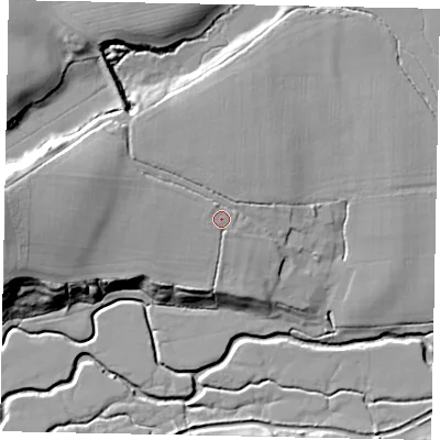 Shaded relief map of the ground around RH140EZ, computed from Environment Agency LiDAR. The ground here sits at about 12 m above sea level and falls 18 m across the surrounding 800 m. Surface water reaching this point runs off ground lying to the north-north-west, 1.7 m higher.