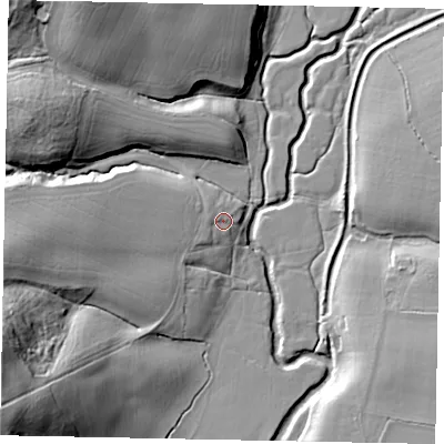 Shaded relief map of the ground around RH140HE, computed from Environment Agency LiDAR. The ground here sits at about 7 m above sea level and falls 42 m across the surrounding 800 m. Surface water reaching this point runs off ground lying to the west-south-west, 2.9 m higher.