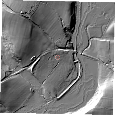 Shaded relief map of the ground around RH140JG, computed from Environment Agency LiDAR. The ground here sits at about 14 m above sea level and falls 26 m across the surrounding 800 m. Surface water reaching this point runs off ground lying to the west-north-west, 10.3 m higher.