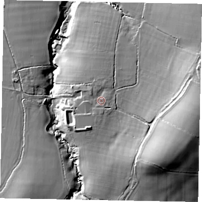 Shaded relief map of the ground around RH140LN, computed from Environment Agency LiDAR. The ground here sits at about 38 m above sea level and falls 28 m across the surrounding 800 m. Surface water reaching this point runs off ground lying to the south-west, 2.2 m higher.