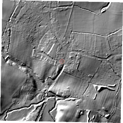 Shaded relief map of the ground around RH140LT, computed from Environment Agency LiDAR. The ground here sits at about 24 m above sea level and falls 13 m across the surrounding 800 m. Surface water reaching this point runs off ground lying to the south-east, 1.2 m higher.