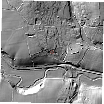 Shaded relief map of the ground around RH140RD, computed from Environment Agency LiDAR. The ground here sits at about 27 m above sea level and falls 17 m across the surrounding 800 m. Surface water reaching this point runs off ground lying to the north-west, 7.4 m higher.