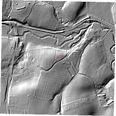 Shaded relief map of the ground around RH140RJ, computed from Environment Agency LiDAR. The ground here sits at about 28 m above sea level and falls 23 m across the surrounding 800 m. Surface water reaching this point runs off ground lying to the south-west, 5.2 m higher.