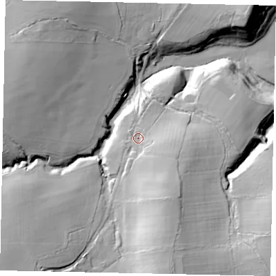 Shaded relief map of the ground around RH140RS, computed from Environment Agency LiDAR. The ground here sits at about 27 m above sea level and falls 29 m across the surrounding 800 m. Surface water reaching this point runs off ground lying to the south-south-east, 12.8 m higher.