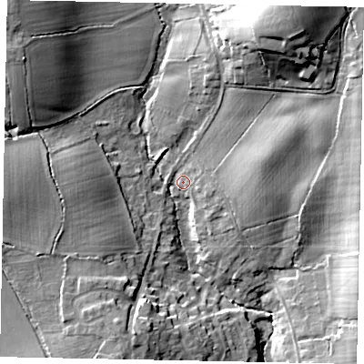 Shaded relief map of the ground around RH140SG, computed from Environment Agency LiDAR. The ground here sits at about 24 m above sea level and falls 26 m across the surrounding 800 m. Surface water reaching this point runs off ground lying to the north-east, 23.1 m higher.