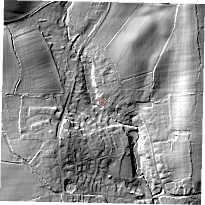 Shaded relief map of the ground around RH140SH, computed from Environment Agency LiDAR. The ground here sits at about 23 m above sea level and falls 20 m across the surrounding 800 m. Surface water reaching this point runs off ground lying to the north-east, 17.9 m higher.