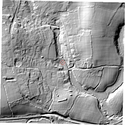 Shaded relief map of the ground around RH140SL, computed from Environment Agency LiDAR. The ground here sits at about 20 m above sea level and falls 18 m across the surrounding 800 m. Surface water reaching this point runs off ground lying to the north-north-east, 15.5 m higher.