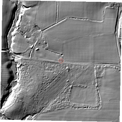 Shaded relief map of the ground around RH140SX, computed from Environment Agency LiDAR. The ground here sits at about 31 m above sea level and falls 19 m across the surrounding 800 m. Surface water reaching this point runs off ground lying to the east-south-east, 8.1 m higher.