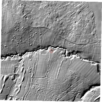 Shaded relief map of the ground around RH140TS, computed from Environment Agency LiDAR. The ground here sits at about 29 m above sea level and falls 12 m across the surrounding 800 m. Surface water reaching this point runs off ground lying to the south-south-west, 3.2 m higher.