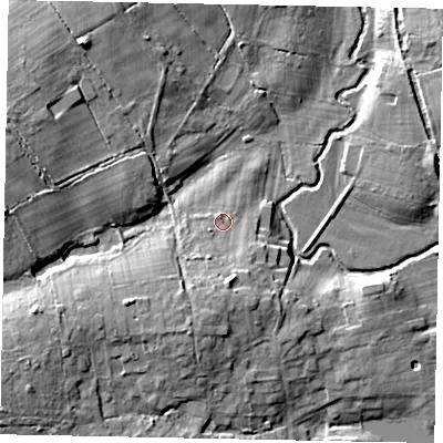 Shaded relief map of the ground around RH140UH, computed from Environment Agency LiDAR. The ground here sits at about 25 m above sea level and falls 13 m across the surrounding 800 m. Surface water reaching this point runs off ground lying to the south, 5.5 m higher.