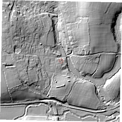 Shaded relief map of the ground around RH140UT, computed from Environment Agency LiDAR. The ground here sits at about 22 m above sea level and falls 18 m across the surrounding 800 m. Surface water reaching this point runs off ground lying to the west-south-west, 11.4 m higher.