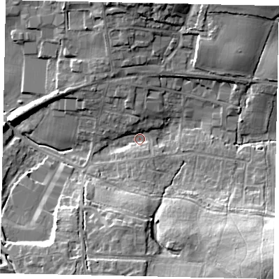 Shaded relief map of the ground around RH149AN, computed from Environment Agency LiDAR. The ground here sits at about 16 m above sea level and falls 25 m across the surrounding 800 m. Surface water reaching this point runs off ground lying to the south-east, 21.8 m higher.