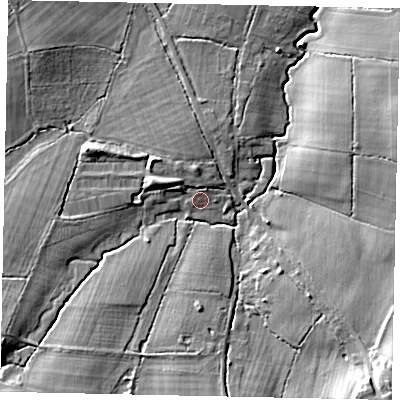 Shaded relief map of the ground around RH149EB, computed from Environment Agency LiDAR. The ground here sits at about 24 m above sea level and falls 12 m across the surrounding 800 m. Surface water reaching this point runs off ground lying to the west-north-west, 2.9 m higher.