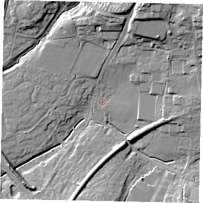 Shaded relief map of the ground around RH149EE, computed from Environment Agency LiDAR. The ground here sits at about 14 m above sea level and falls 23 m across the surrounding 800 m. Surface water reaching this point runs off ground lying to the south-west, 7.7 m higher.