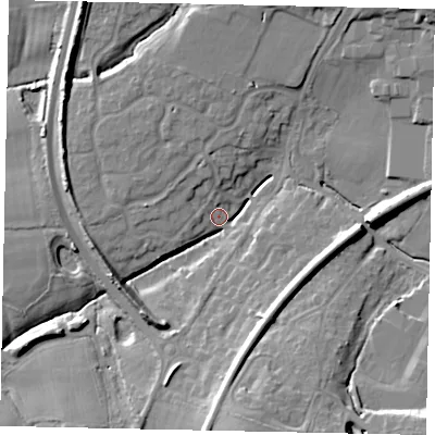 Shaded relief map of the ground around RH149ET, computed from Environment Agency LiDAR. The ground here sits at about 13 m above sea level and falls 15 m across the surrounding 800 m. Surface water reaching this point runs off ground lying to the north-north-west, 10.9 m higher.