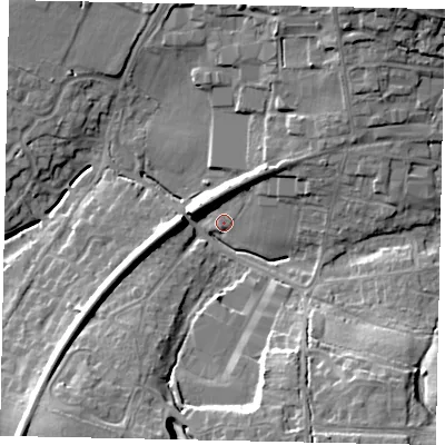 Shaded relief map of the ground around RH149EY, computed from Environment Agency LiDAR. The ground here sits at about 15 m above sea level and falls 18 m across the surrounding 800 m. Surface water reaching this point runs off ground lying to the south-east, 14.6 m higher.