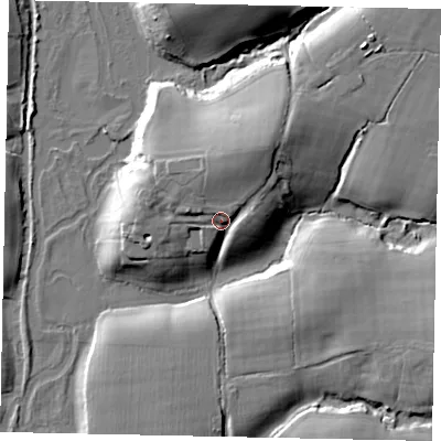 Shaded relief map of the ground around RH149HT, computed from Environment Agency LiDAR. The ground here sits at about 19 m above sea level and falls 15 m across the surrounding 800 m. Surface water reaching this point runs off ground lying to the north-north-east, 4.4 m higher.