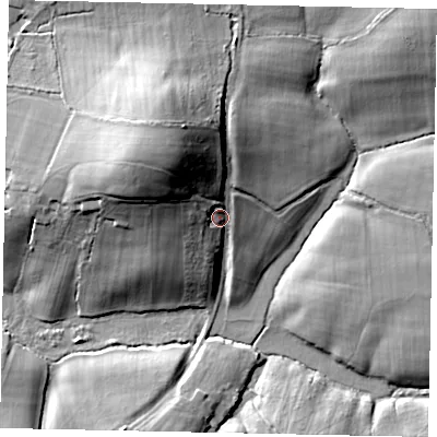 Shaded relief map of the ground around RH149JD, computed from Environment Agency LiDAR. The ground here sits at about 16 m above sea level and falls 22 m across the surrounding 800 m. Surface water reaching this point runs off ground lying to the north-west, 15.1 m higher.