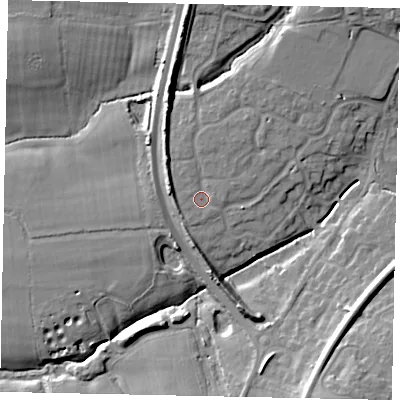 Shaded relief map of the ground around RH149PQ, computed from Environment Agency LiDAR. The ground here sits at about 16 m above sea level and falls 15 m across the surrounding 800 m. Surface water reaching this point runs off ground lying to the north-north-east, 1.7 m higher.