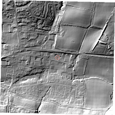 Shaded relief map of the ground around RH149SJ, computed from Environment Agency LiDAR. The ground here sits at about 18 m above sea level and falls 26 m across the surrounding 800 m. Surface water reaching this point runs off ground lying to the north-east, 6.8 m higher.