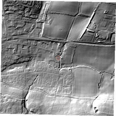 Shaded relief map of the ground around RH149SR, computed from Environment Agency LiDAR. The ground here sits at about 18 m above sea level and falls 24 m across the surrounding 800 m. Surface water reaching this point runs off ground lying to the north-east, 18.9 m higher.