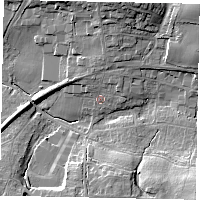 Shaded relief map of the ground around RH149SU, computed from Environment Agency LiDAR. The ground here sits at about 18 m above sea level and falls 20 m across the surrounding 800 m. Surface water reaching this point runs off ground lying to the north, 4.2 m higher.