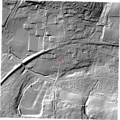 Shaded relief map of the ground around RH149SX, computed from Environment Agency LiDAR. The ground here sits at about 18 m above sea level and falls 20 m across the surrounding 800 m. Surface water reaching this point runs off ground lying to the north-north-east, 3.8 m higher.