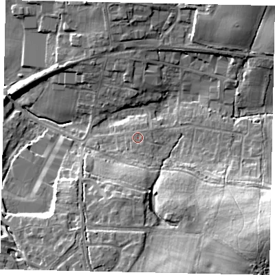 Shaded relief map of the ground around RH149SZ, computed from Environment Agency LiDAR. The ground here sits at about 18 m above sea level and falls 25 m across the surrounding 800 m. Surface water reaching this point runs off ground lying to the south-east, 0.9 m higher.