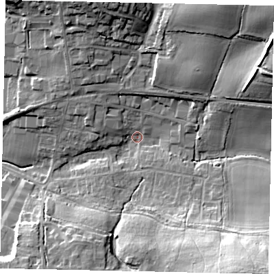 Shaded relief map of the ground around RH149TG, computed from Environment Agency LiDAR. The ground here sits at about 16 m above sea level and falls 25 m across the surrounding 800 m. Surface water reaching this point runs off ground lying to the south-east, 22.6 m higher.