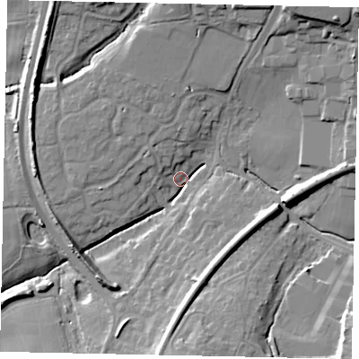 Shaded relief map of the ground around RH149WL, computed from Environment Agency LiDAR. The ground here sits at about 14 m above sea level and falls 18 m across the surrounding 800 m. Surface water reaching this point runs off ground lying to the south, 12.5 m higher.