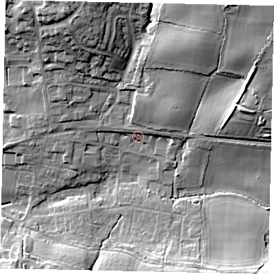 Shaded relief map of the ground around RH149YR, computed from Environment Agency LiDAR. The ground here sits at about 19 m above sea level and falls 27 m across the surrounding 800 m. Surface water reaching this point runs off ground lying to the north-north-east, 2.7 m higher.