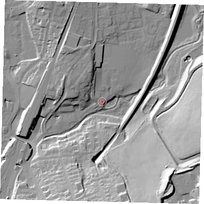 Shaded relief map of the ground around RH14AX, computed from Environment Agency LiDAR. The ground here sits at about 80 m above sea level and falls 44 m across the surrounding 800 m. Surface water reaching this point runs off ground lying to the north-north-west, 7.8 m higher.