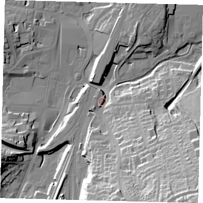 Shaded relief map of the ground around RH14BL, computed from Environment Agency LiDAR. The ground here sits at about 84 m above sea level and falls 57 m across the surrounding 800 m. Surface water reaching this point runs off ground lying to the south-south-east, 40.1 m higher.