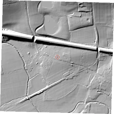 Shaded relief map of the ground around RH14EG, computed from Environment Agency LiDAR. The ground here sits at about 71 m above sea level and falls 31 m across the surrounding 800 m. Surface water reaching this point runs off ground lying to the east-north-east, 2.6 m higher.