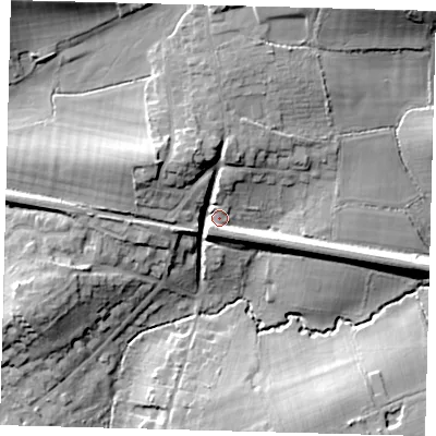 Shaded relief map of the ground around RH14JD, computed from Environment Agency LiDAR. The ground here sits at about 75 m above sea level and falls 25 m across the surrounding 800 m. Surface water reaching this point runs off ground lying to the north-north-west, 11.5 m higher.